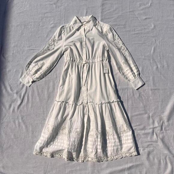 St. Roche Midi Shirt Dress White Cotton Collared Puff Sleeve Tiered Sz 6 Cottage - Picture 2 of 15
